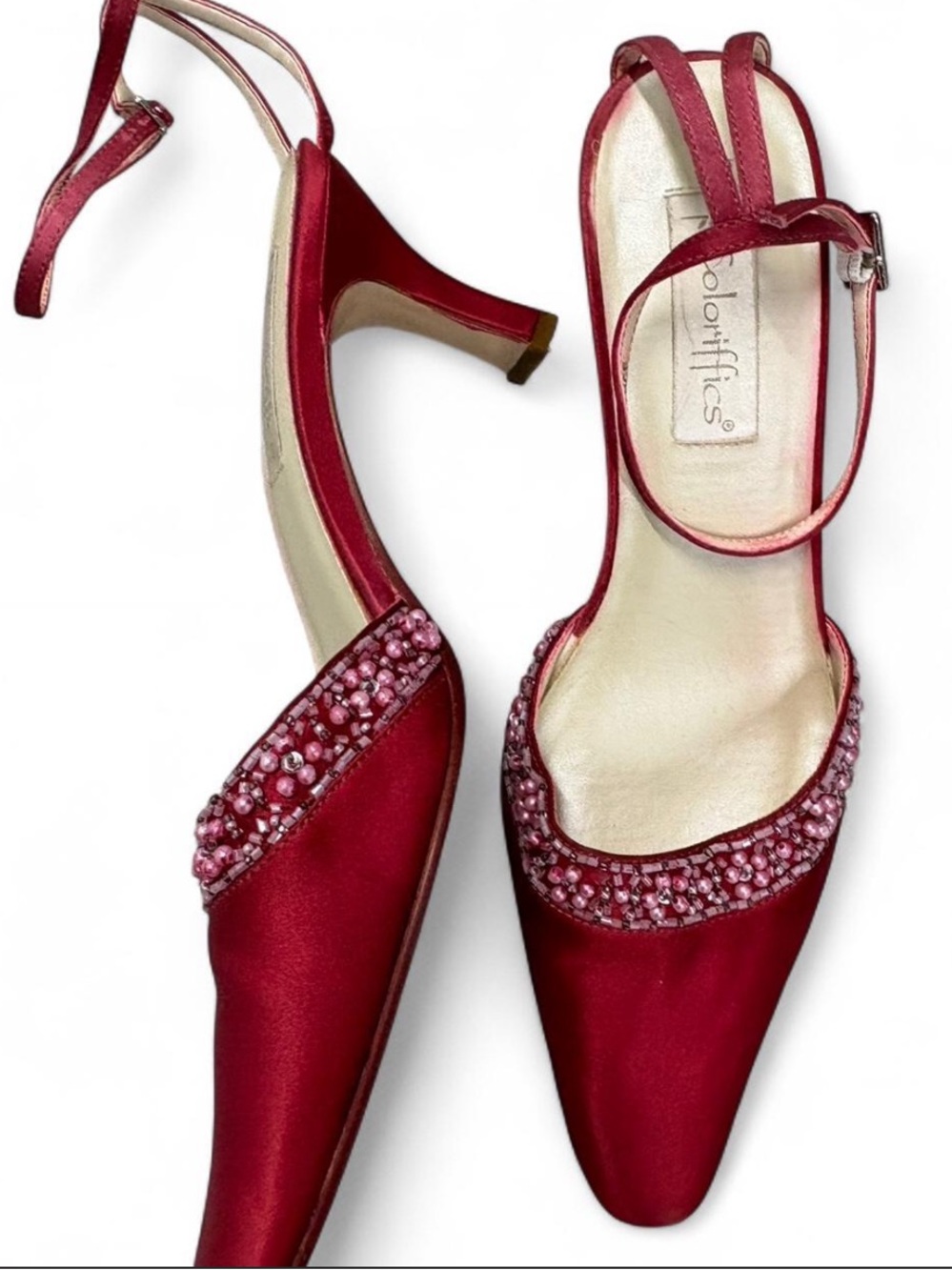 Y2K vintage satin beaded low sling back heels, pointed sz 9